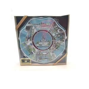 Disney World Magic Kingdom Blue Glass Souvenir Bowl Cinderella Castle Park Scene